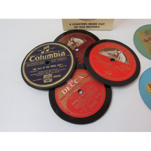 73 - A set of six glass drinks advertising coasters and boxed set of 4 coasters from Re-cycled old 78's.