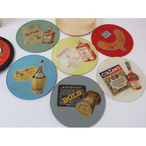 73 - A set of six glass drinks advertising coasters and boxed set of 4 coasters from Re-cycled old 78's.