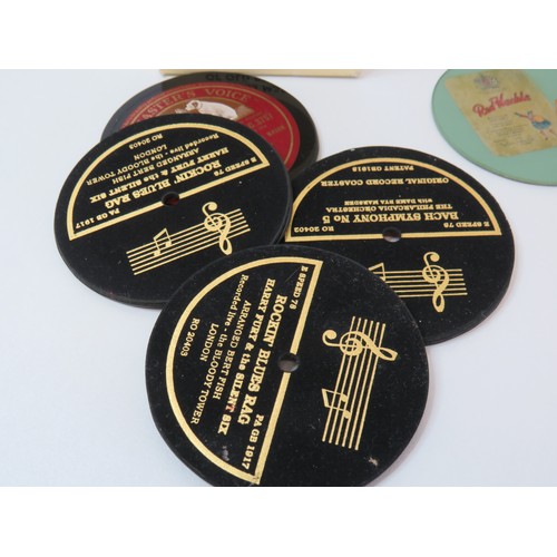 73 - A set of six glass drinks advertising coasters and boxed set of 4 coasters from Re-cycled old 78's.