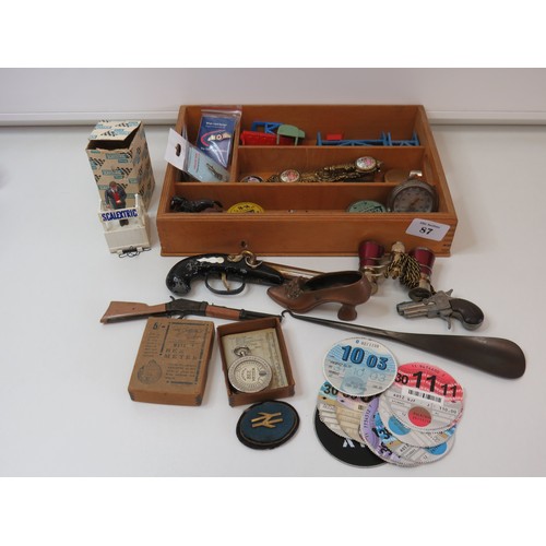 87 - Wooden tray full of trinkets, curios and collectables.