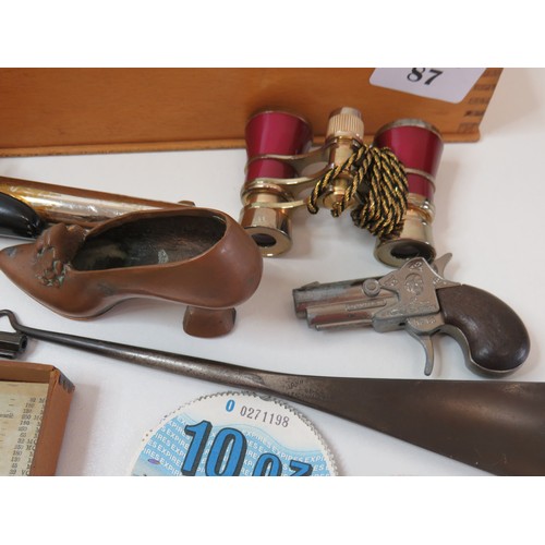 87 - Wooden tray full of trinkets, curios and collectables.