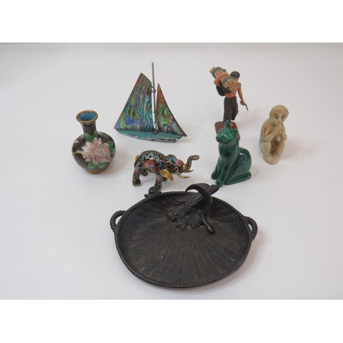 90 - Collectables to include Miniature cloisonne  elephant, carved soapstone netsuke monkey, malachite ca... 