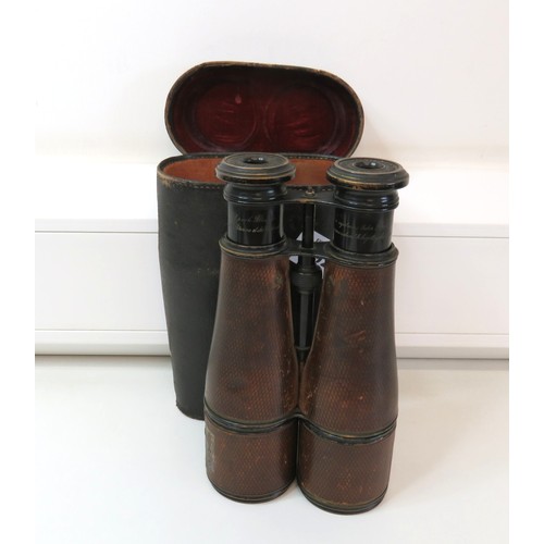 92 - A pair of Antique WWI French Navy long range leather wrapped Binoculars with original case - Fournis... 