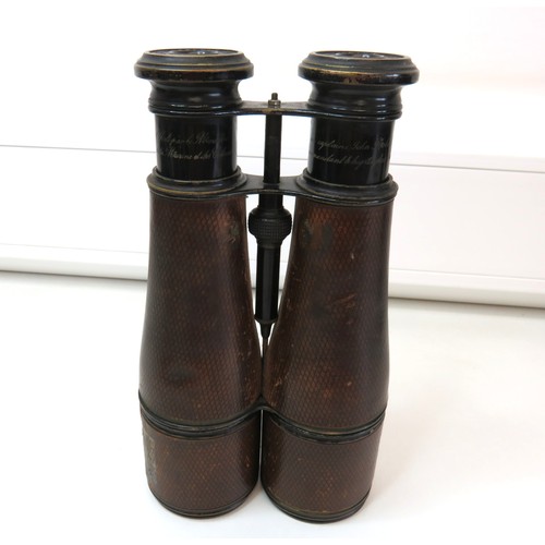 92 - A pair of Antique WWI French Navy long range leather wrapped Binoculars with original case - Fournis... 