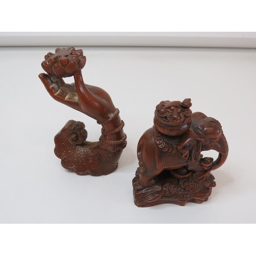 99 - Chinese carved Boxwood Lotus flower hand and Yuanbao coin Elephant statue.