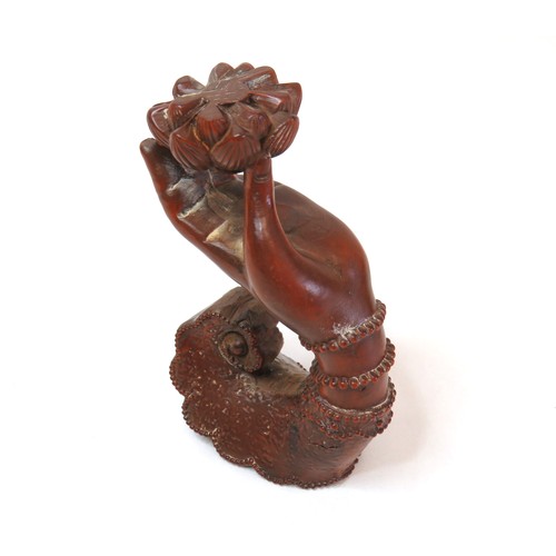 99 - Chinese carved Boxwood Lotus flower hand and Yuanbao coin Elephant statue.