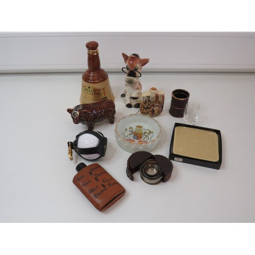 97 - Collectables to include, Bull whisky decanter (full), ceramic cow scissor holder/tape measure, Cherr... 