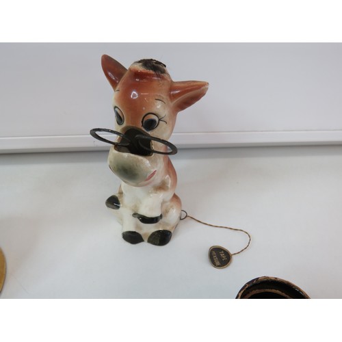 97 - Collectables to include, Bull whisky decanter (full), ceramic cow scissor holder/tape measure, Cherr... 