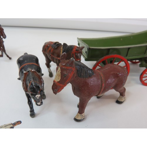 277 - Vintage Britains lead toys to include Huntsman on horse,  horses, cart etc.