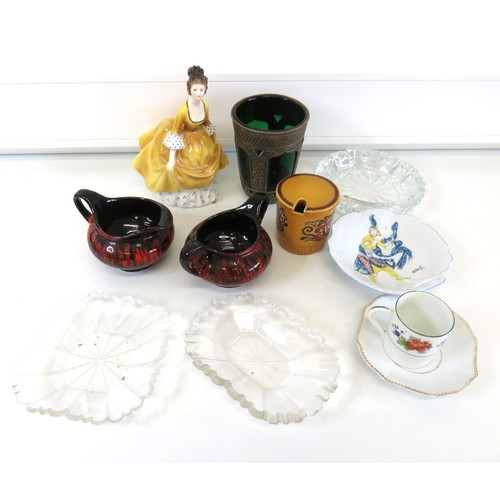 262 - Ceramics to include Royal Doulton Coralie figure, Evangeline Pottery and two Antique Biedermeier gla... 