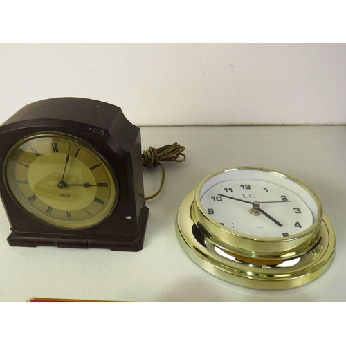 438 - Smiths bakelite clock, wall clock, shoe stretcher, pocket watch boxed, mother and baby deer white me... 