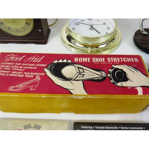 438 - Smiths bakelite clock, wall clock, shoe stretcher, pocket watch boxed, mother and baby deer white me... 