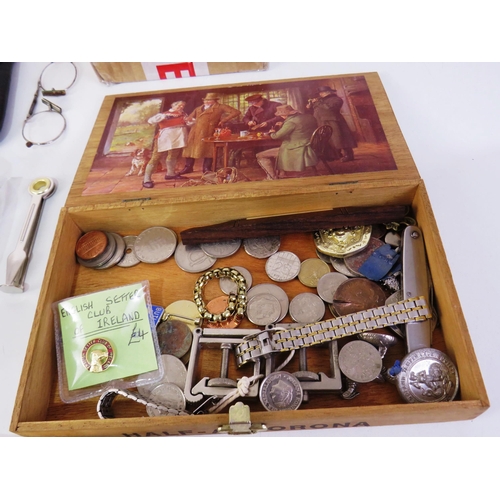 440 - Vintage cigar box and contents including coins, pipe clamps, metal pipe, knife etc, antique pair of ... 