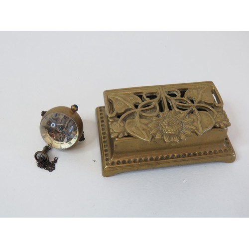 221 - Art Deco brass stamp box and miniature desk clock