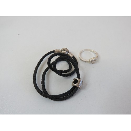 162 - Pandora silver heart ring and pandora silver 925 leather ball necklace