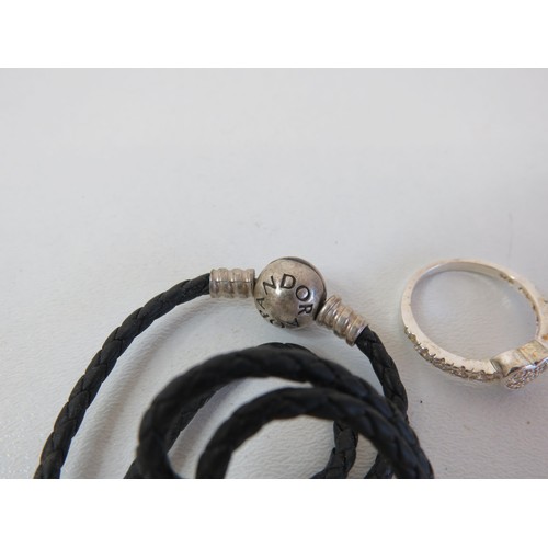 162 - Pandora silver heart ring and pandora silver 925 leather ball necklace