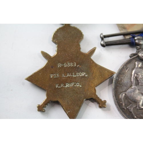 38 - WW1 1914-15 Star & Victory Medal R-9388 Pte A Allsop KRRC