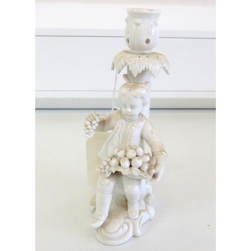 123 - Antique Derby Samson Hancock white porcelain boy with fruit candlestick, height 16cms. A/F