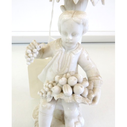 123 - Antique Derby Samson Hancock white porcelain boy with fruit candlestick, height 16cms. A/F