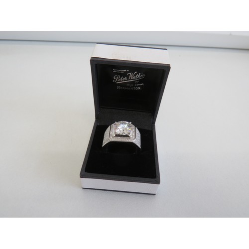 124 - Sterling silver white gold plated Moissanite ring, size Y, Weight 8.9g - Boxed with certificate.