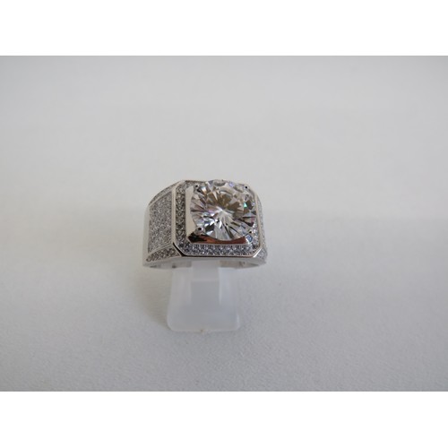 124 - Sterling silver white gold plated Moissanite ring, size Y, Weight 8.9g - Boxed with certificate.