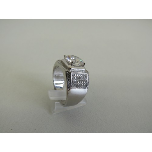 124 - Sterling silver white gold plated Moissanite ring, size Y, Weight 8.9g - Boxed with certificate.