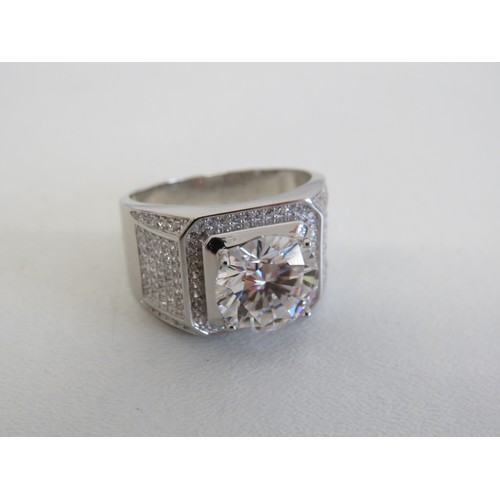 124 - Sterling silver white gold plated Moissanite ring, size Y, Weight 8.9g - Boxed with certificate.