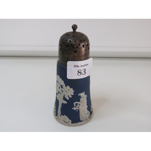 83 - Four Antique Wedgewood Jasperware items includes blue sugar shaker, two green lidded pots and Newcas... 