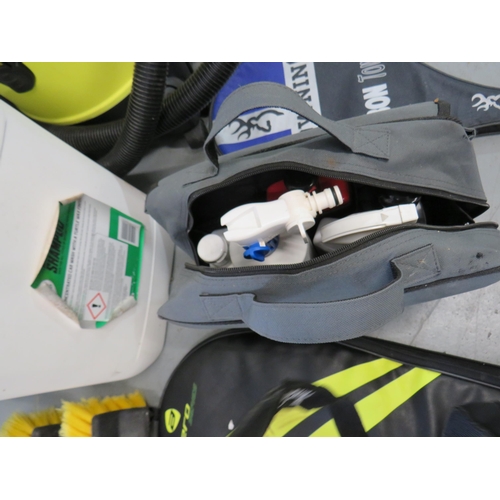 318 - Parkside cylinder hoover, car wash equipment and two tennis rackets