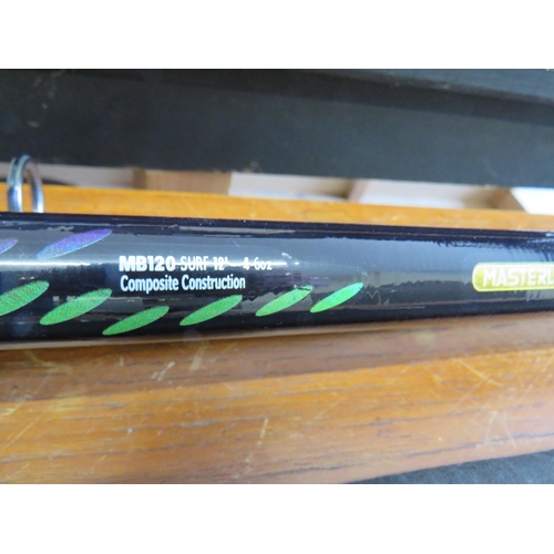 321 - beach caster rod (new) with reel (new) znc multiplier reel in box and weighs builders helmes and saf... 