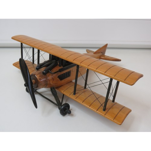 298 - Hand crafted wooden model Biplane, W36cm x L34cms.
