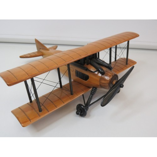 298 - Hand crafted wooden model Biplane, W36cm x L34cms.