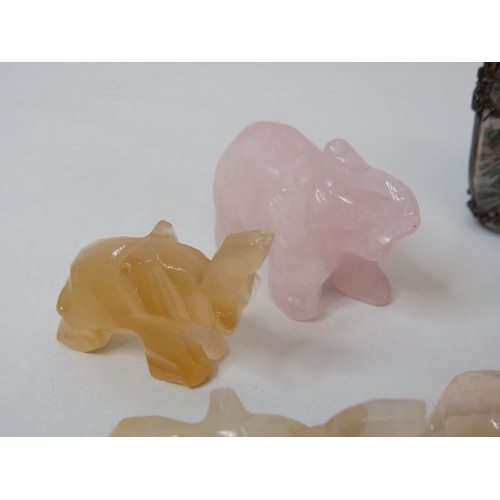 300 - Collection of gemstone elephant sculptures includes malachite, moonstone, Jade and reverse painted c... 