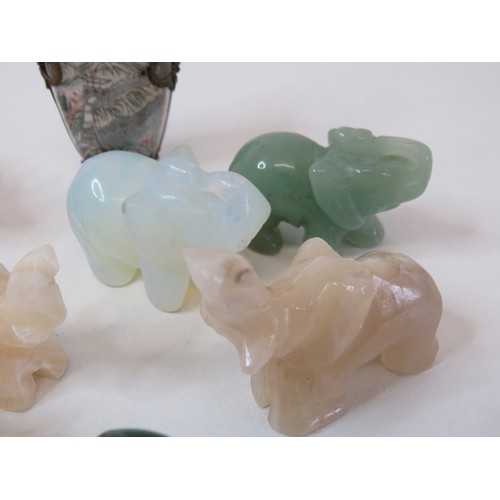 300 - Collection of gemstone elephant sculptures includes malachite, moonstone, Jade and reverse painted c... 