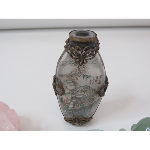 300 - Collection of gemstone elephant sculptures includes malachite, moonstone, Jade and reverse painted c... 