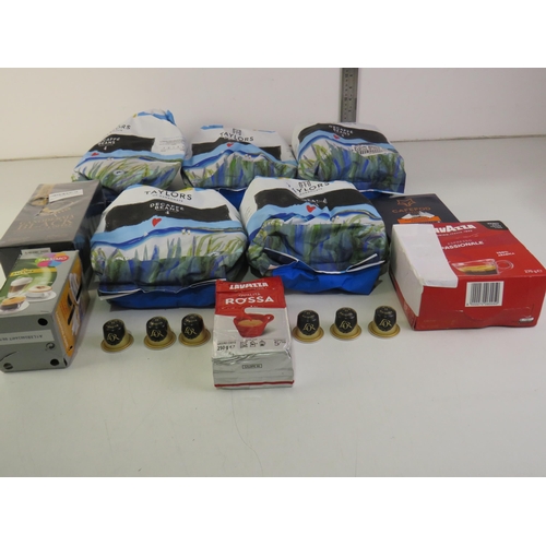 338 - Five 1kg bags taylors coffee beans and five packs of assorted coffee
