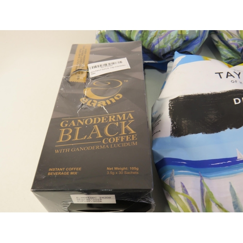 338 - Five 1kg bags taylors coffee beans and five packs of assorted coffee