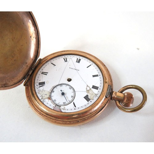 47 - Antique gold plated Waltham full hunter pocket watch A/F.