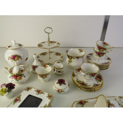 37 - Royal Albert country roses tea service including cake stand, bell, trinkets etc