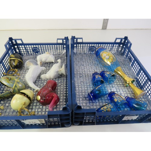 37A - Mixed lot of collectables including ornaments, hand painted blue glass decanter and glasses etc