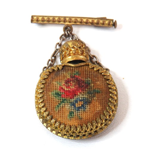 265 - Antique Victorian miniature petit point perfume bottle brooch and a Victorian hand painted Biedermei... 