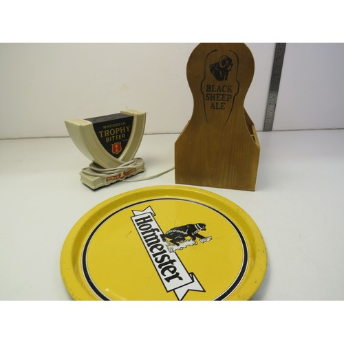 293 - Trophy Bitter bar top, Hofmeister tray and Black Sheep wooden bottle carrier.