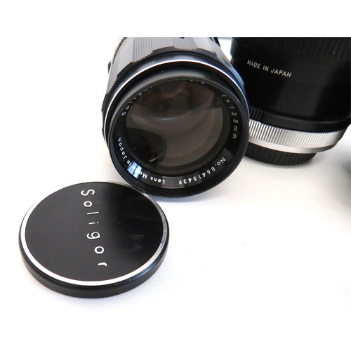 278 - Three camera lens, Super Paragon, SMC-Pentax-M Zoom and Soligor, all working.