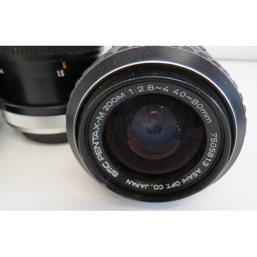 278 - Three camera lens, Super Paragon, SMC-Pentax-M Zoom and Soligor, all working.