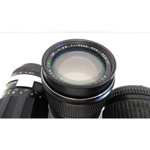 278 - Three camera lens, Super Paragon, SMC-Pentax-M Zoom and Soligor, all working.