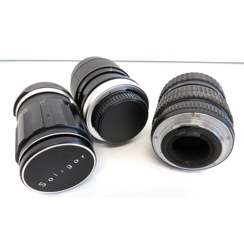 278 - Three camera lens, Super Paragon, SMC-Pentax-M Zoom and Soligor, all working.