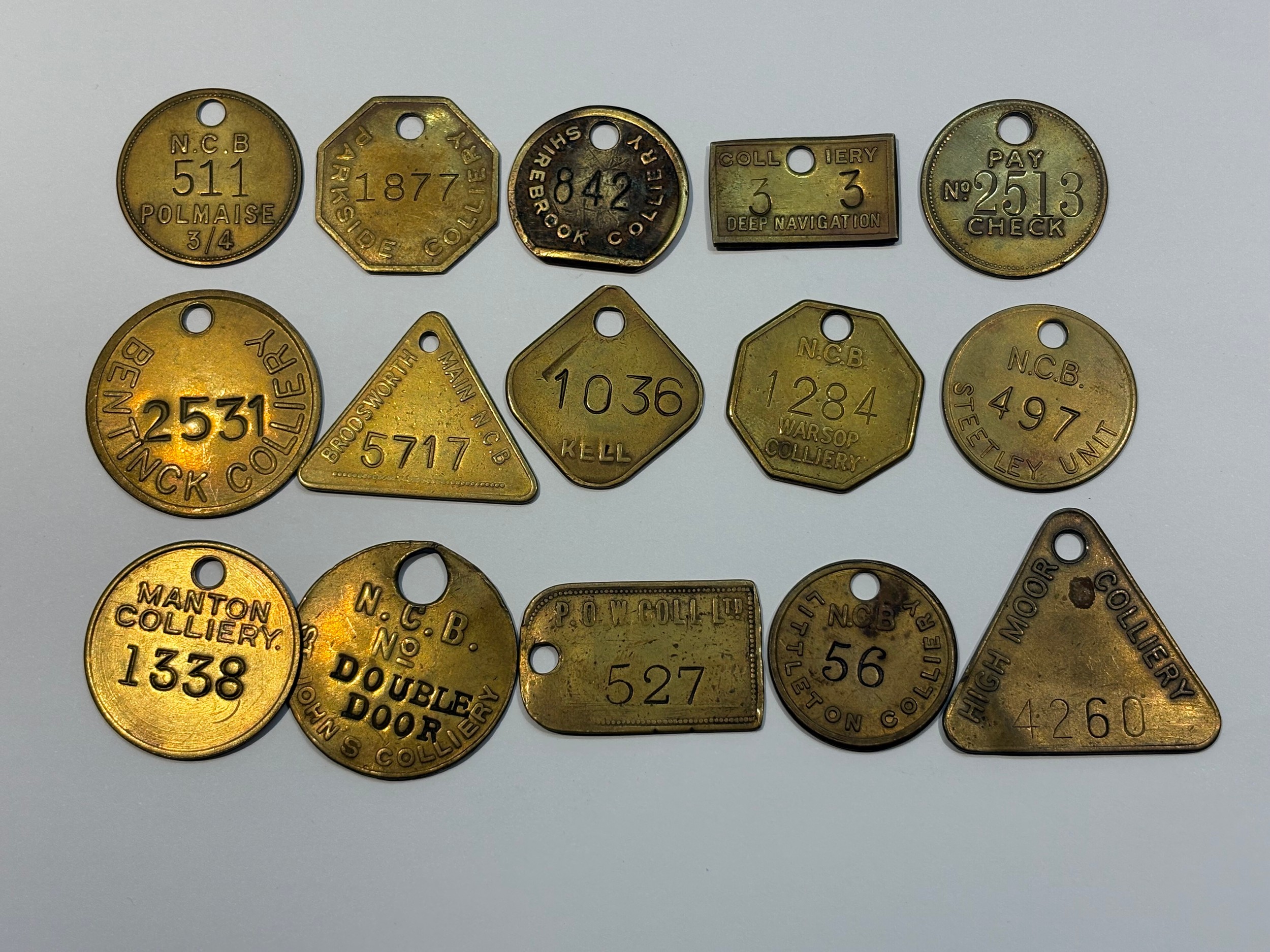 15x Colliery pit checks (embossed) to include Polmaise, Parkside ...