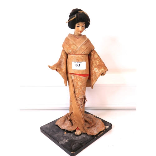 63 - Three large vintage Japanese Geisha/Komachi dolls with silk Kimonos on wooden stands.