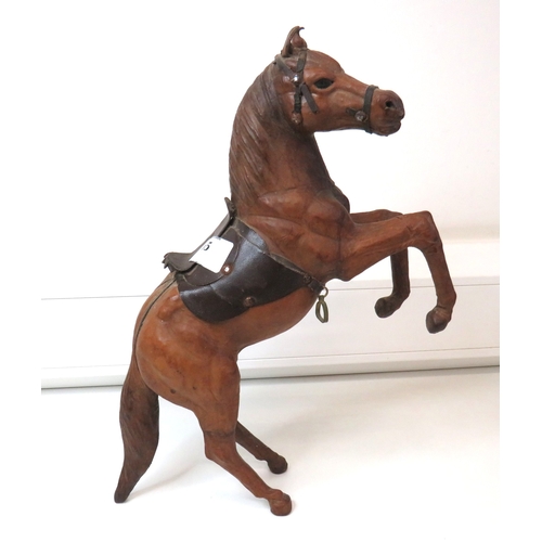 65 - Vintage leather wrapped rearing stallion horse figure.