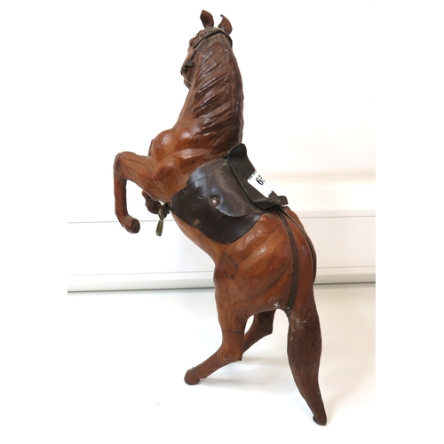 65 - Vintage leather wrapped rearing stallion horse figure.